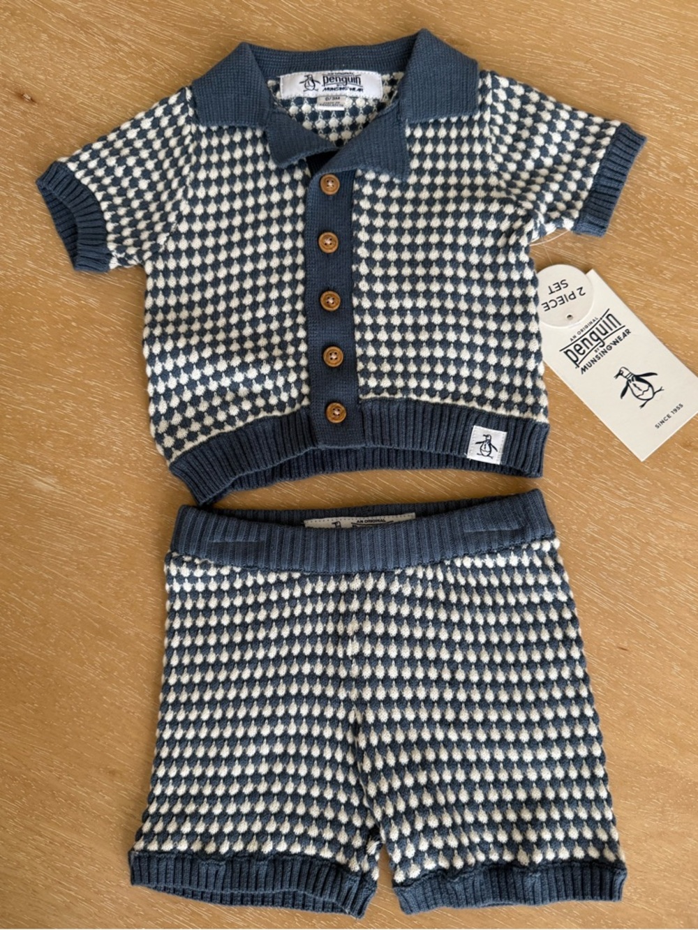 Original Penguin Baby Boy Blue and White Cotton Knit Polo & Short Set, 0-3m, NWT